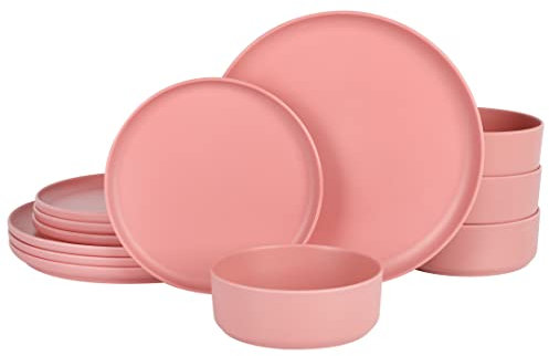 Gibson Home Canyon Crest - Juego de melamina mate apilable, 12 piezas, color rojo rosa