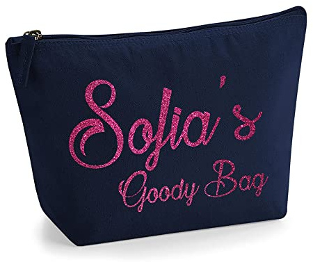 Personalisierte Farbe Name Initialen Text Goody Kosmetiktasche Damen Schminktasche für Handtasche Makeup Tasche mit Texturdruck - Rosa Glitzer - M | Marine Blau