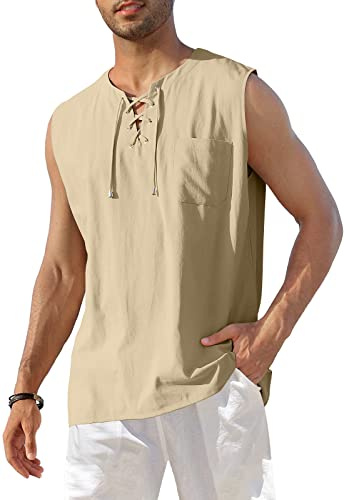 KUYIGO Los Hombres de algodón y Lino sin Mangas Henley Camisa con Cordones de Playa Casual Hippie Tops L Caqui