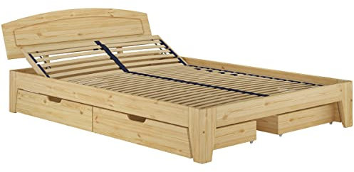 Erst-Holz®Klassisches Doppelbett Futonbett Kiefer massiv Natur 140x200 Zubehör wählbar V-60.63S8-14mit Federholzrahmen und 3-teiligem Bettkasten-Set