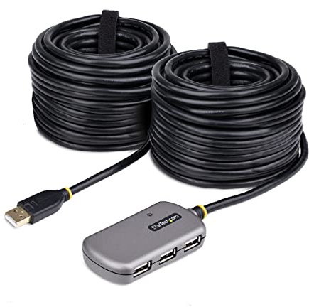 StarTech.com USB Extender Hub, 24m USB 2.0 Extension Cable with 4-Port USB-A Hub, Active/Bus Powered USB Repeater Cable, Optional 10W Power Supply Incl., Level 4 ESD Protection (U02442-USB-EXTENDER)