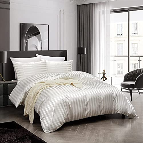 Luofanfei Housse Couette 220x240 Satin Blanc Beige 2 Personne Rayures Satinée Parure lit Soie Lisse Soyeux Brillant Unie Uni Sets Housse Couette Fermeture éclair et 2x 65x65cm Taies d'oreiller