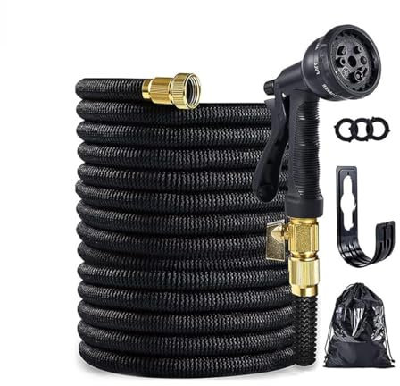 50ft Garden Hose Expandable Flexible Water Hose with 8 Function Spray Nozzle and Holder, Retractable Irrigation Lightweight & No-Kink Leakproof Hose Water Pipe, 3/4 inch Solid Brass Fitting (Black)
