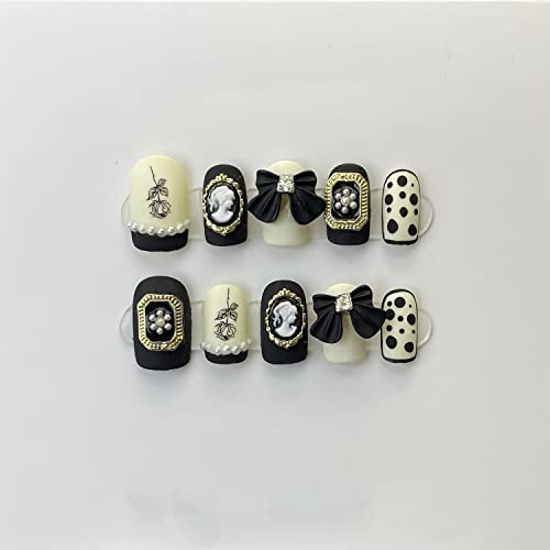 CEBOIC Unghie Finte Fatto a Mano, Acrygel Unghie Finte con Colla, Set Unghie Finte Bianco e Nero Decorato con Cornice e Fiocchi per Donne e Ragazze Uso Quotidiano e di Festa, 10 pezzi Press on Nails