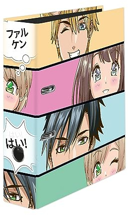 Original Falken Manga Faces Motif Folder, Made in Germany, 8 cm Wide, DIN A4 Ring Binder, Letter Folder, Office Folder, Plastic Folder, Slotted Folder