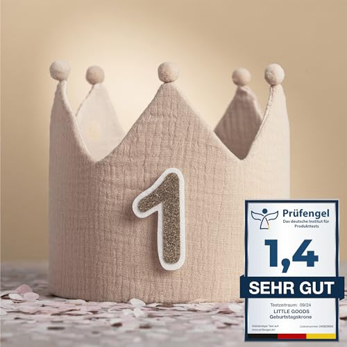 Little Goods Kinder Geburtstagskrone - wendbare Musselin-Stoffkrone mit austauschbaren Zahlen 0-9 und Schulkind Sticker - Krone für Jungen und Mädchen, Pastell - Dunkelbeige - Hellbeige - Beige