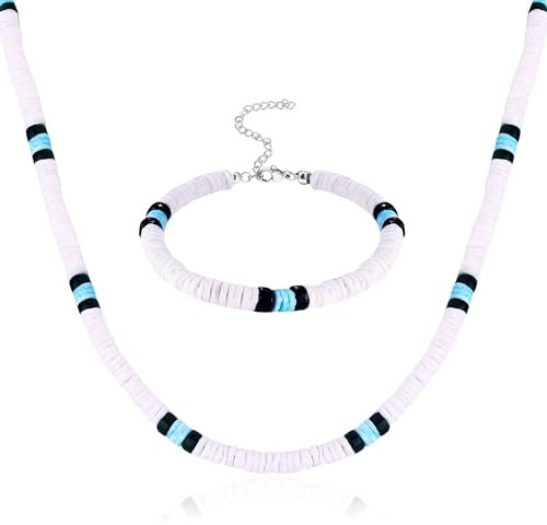 Kakonia Muschell Halskette für Männer Frauen Puka Sea Muschell Surfer Halskette und Armband Set mit Clam Chip Kokosnuss Perlen Pookah Muschell Choker Halskette und Armband Sommer Strand Schmuck Set