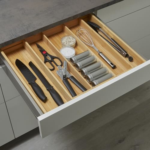 SO-BOX Bambus Besteckkasten mit 3 Fächer ausziehbar auf 5 Fächer für Schubladen mit Breiten von 50-60 cm