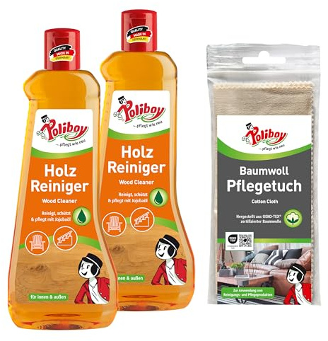 POLIBOY Holz Reiniger - Konzentrierter Holzmöbelreiniger für innen und außen - 2x 500 ml - Mit Baumwolltuch - Made in Germany