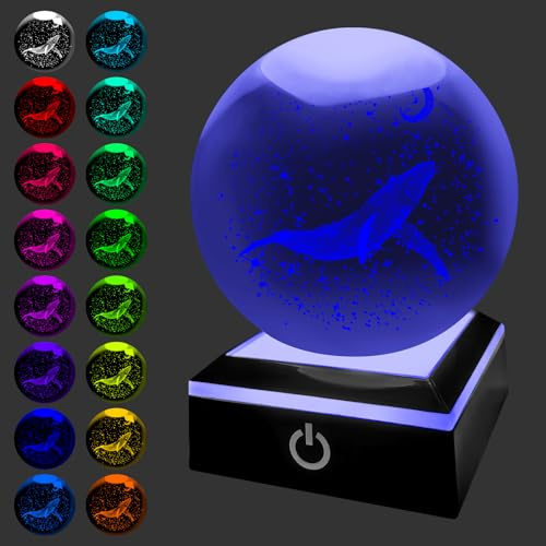 HONPHIER 3D Kristallkugel Nachtlicht Wal Lampe Stimmungslicht Dimmbar mit LED Basis Kristallkugel Tischlampe Dekoration für Heim, Familie Freund Geschenke
