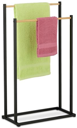 Relaxdays Toallero de Pie con 2 Barras en Escalera, Soporte Toallas de Ducha o Mano, Hierro, 76x45x21,5cm, Negro/Natural