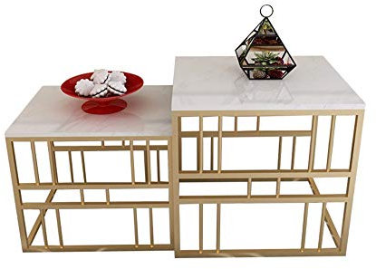 CAFIEDR Couchtisch Marmor-Satztisch mit Metallrahmen, Wohnzimmer-Sofatisch, Schlafzimmer-Nachttisch, 2-teiliges Set