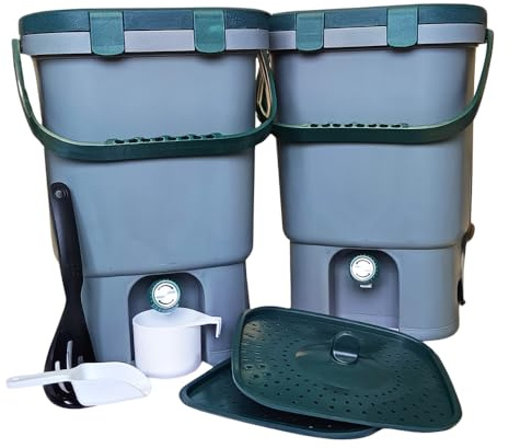Double Bokashi Compost Bin Kit PLUS 1kg Bokashi Bran - 2x 15L Indoor Composting Bin, Complete with Built-in Easy Twist Taps, Odourless Air-tight Lids and Accessories PLUS 1kg of Bokashi Bran