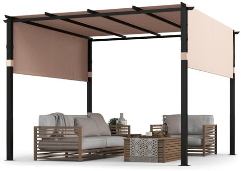 COSTWAY 3 X 3M/3 X 4M Metal Pergola with Retractable Roof, Large Garden Pergola with Sun Shade Canopy, Outdoor Grape Trellis Gazebo for Patio Party BBQ (Beige, 3 X 3M, Sliding Type)