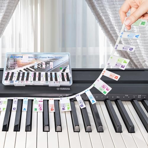 Silicone Piano Key Labels, Azymi Piano Note Guide 88-Key Full Size, Reusable Keyboard Notes Overlay Strips for Beginners with Multi-Color Large Bold Letter