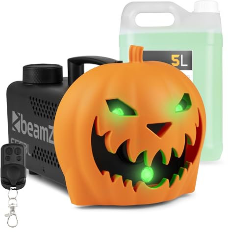 Beamz S553L Halloween Smoke Machine, Pumpkin Fog Machine with LED Lights, 5L Fluid, Balloon, Plastic Pumpkin Decorations, Remote Control, Spooky Fog Effects Halloween Fogger