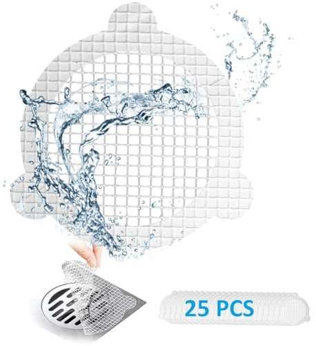 (25 Pack) Disposable Drain Cover & Drain Snake Stickers - 9cm Round Shower Drain Cover & Hair Catcher for Shower Drain - Perfect for Bath & Kitchen - Mesh Stops Human & Pet Hair