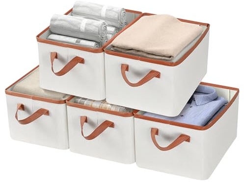 SortNStore Aufbewahrungsbox aus Stoff Faltbare für Kleidungschrank: Aufbewahrungskorb mit Ledergriff für Regal Kinderzimmer Schlafzimmer Wohnzimmer | 5 Stück | 37x26x20cm(24L) | Beige