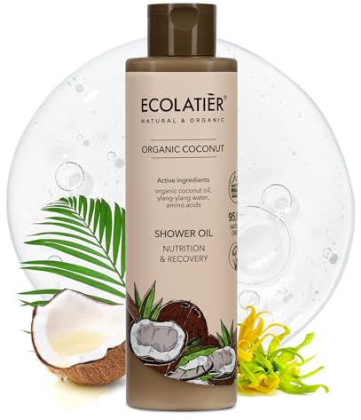 ECOLATIÈR Shower Oil – Organic Coconut Oil – Moisturizing & Nourishing Body Wash for Women, 95.5% Natural, Vegan, for Sensitive Skin - 8.5 Fl Oz (Coconut oil)