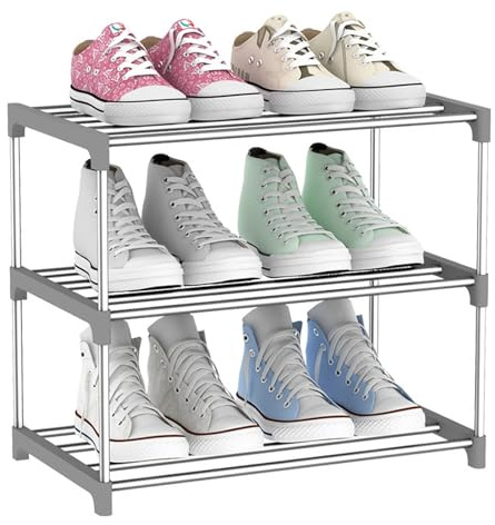 huipinghu Stackable 3 Tier Slim Shoe Rack - Space Saving Footwear Storage Organiser with Quick Assembly - Grey, for Hallway & Bedroom
