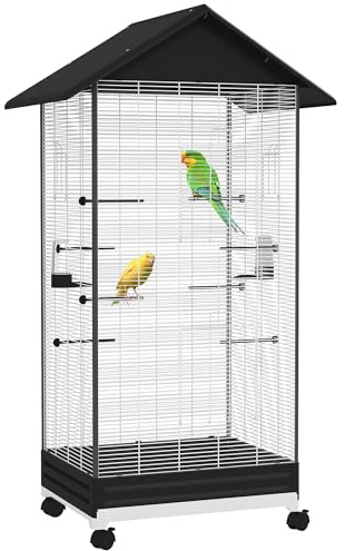 PawHut Cage Oiseau sur Pied, volière Oiseaux intérieure sur roulettes, avec Plateau Coulissant, 2 mangeoires et 8 perchoirs, pour pinsons canaris, 79 x 65 x 155 cm, Fil d'acier, Noir