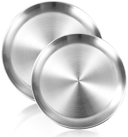 Jesustree Plats de Service en Inox Plateau, Lot de 2 Pierre à Pizza Ronde en Acier Inoxydable, assiettes de Camping, Anti-Rouille, Décoratif pour Cuisine, Fête à la Maison de Pique-Nique, 20 / 23cm