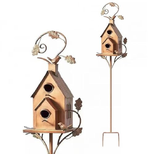 Bird House Stakes for Outside with Pole,Distressed Metal Birdhouse Stand,Metal Wild Bird Feeder,Metal Bird House Stake Birdhouses for Patio, Backyard, Garden (C)