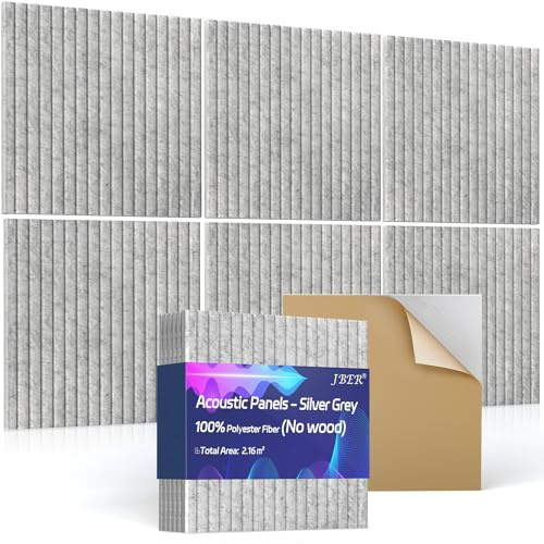 JBER Lot de 6 Panneaux Acoustiques Muraux, Mousse Acoustiques Autocollante pour Murs, Absorption Acoustique, Panneau Mural Decoratif, pour les Studios d'Enregistrement, Bureau, 60×60×1cm, Gris Argent