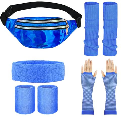 Damen 80er Jahre Halloween Outfit 90er Jahre Disco Neon Kostüm Accessoires, Stirnband, Beinwärmer, Armbänder, Netzhandschuhe, Wasserdicht Gürteltasche 70er Halloween Kostüm für Karneval Party (Blau)
