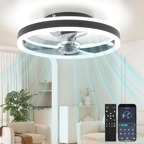 Aphyni Deckenventilator mit Beleuchtung Ø50cm, Leise & Dimmbare Deckenlampe mit Ventilator, Ventilator Deckenleuchte mit APP und Fernbedienung, 6 Windstufen für Schlafzimmer Wohnzimmer Küche, Schwarz