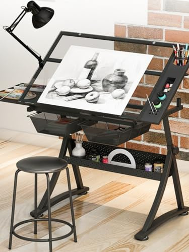 Elektrische Hebebühne Zeichenarbeitsplatz mit elektrischem Scherenhubtisch und Hocker, Künstlerschreibtisch, höhenverstellbar (73,2–97,5 cm), 0–50 ° neigbare Glastischplatte und seitlicher M
