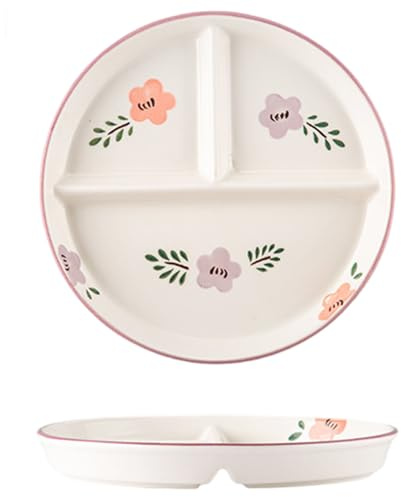 Assiettes divisées rondes en céramique à 3 compartiments pour enfants et adultes - Motif floral - 20,3 x 2,5 cm - Pour le contrôle des portions à la maison, à l'école