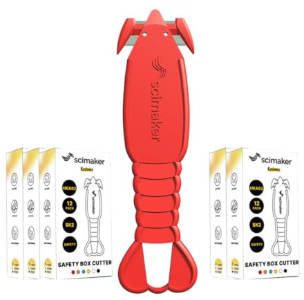 Scimaker Box Cutter Safety Knife, Recessed SK-2 Blade, 60-Pack, Red | Finger-safe concealed knife, parcel tape splitter, intuitive no-lock design, ambidextrous lobster body, multi-colour set.