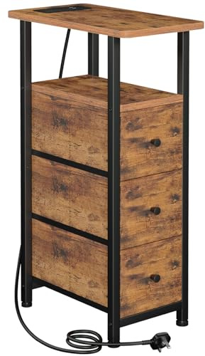 LOAKEKEL Slim Bedside Table with Charging Station, Narrow Side Table with 3 Fabric Drawers, Small End Table with Open Storage Shelf, Nightstand for Small Spaces, Living Room, Brown UHETNDP03PBR-1