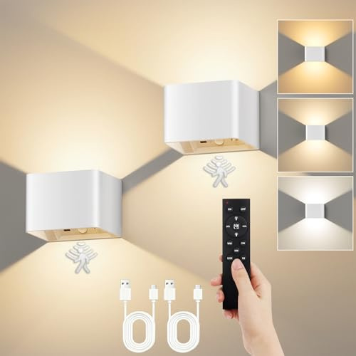 VIWAVE 2er-Set Akku Wandleuchte Innen mit Bewegungsmelder, Weiß | 3 Lichtfarben, Stufenlos dimmbar, Fernbedienung, 5200-mAh-Akku, 0.5/1h Timer, Dauerlicht/Sensormodus, Bohrfreie Montage