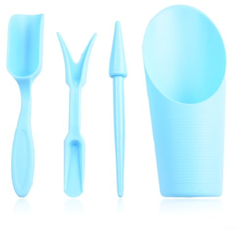 Zilimontt Set di 4 attrezzi da trapianto da giardino con trapiantatore, cucchiaio, pala e pala a secchio, per piante grasse e vivai in serra, blu
