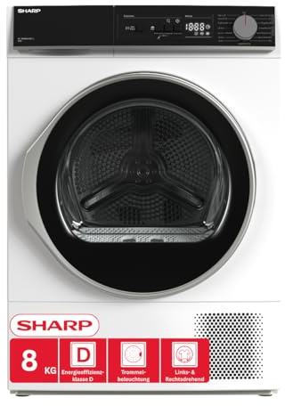 SHARP KD-NHA8S6GW1D-DE Wärmepumpentrockner (8 kg, EEK D), (15 Trockenprogramme, 20 Min. Kurzprogramm, Edelstahltrommel mit LED-Beleuchtung), Weiß