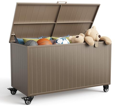 RICNOD Outdoor Storage Box with Wheels 150 Gallon, Mobile Aluminum Deck Boxes Outdoor Waterproof, UV Resistant Patio Storage Box with Lid for Patio Furniture, Garden Tools, Outdoor Cushion (Brown)