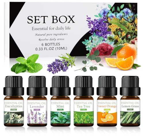SilverChry Aroma Öl Geschenkset,6x10ml, Lavendel, Süßorange, Pfefferminze, Eukalyptus, Teebaum, Zitronengras,Natur Ätherische Öle Set, Geeignet für Diffusoren und DIY-Kerzen(Klassiker)