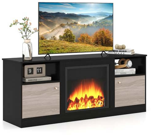KOMFOTTEU Mobile TV Soggiorno con Luci LED, Mobiletto TV Multifunzione per TV fino a 65”, con Mensola Regolabile e Scomparto Aperto per Camino Elettrico, Mobile Porta TV per Camera da Letto, Nero