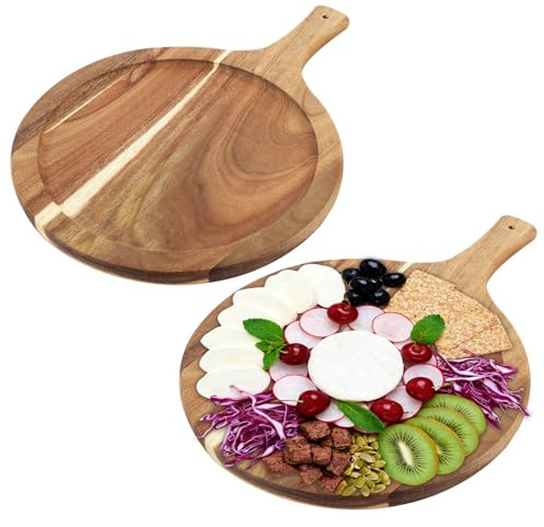 WOPPLXY 2 PCS Wooden Chopping Boards, 36x26cm Acacia Wood Chopping Board with Handle, Large Pizza Tray for Kitchen, Rustic Wooden Serving Board for Charcuterie, Pizza, Cheese