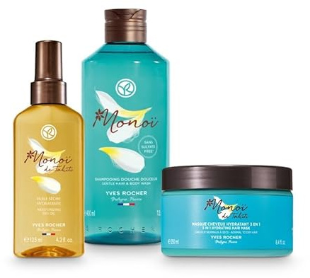 Yves Rocher MONOÏ – Hydratation Ritual – Feuchtigkeitsspendende Pflege für Haut & Haar – Pflege mit Monoï aus Tahiti – Trockenes Öl 125 ml – 2-in-1 Dusch-Shampoo 400 ml – 3-in-1 Haarmaske 250 ml