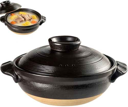 Casseruola in terracotta in stile giapponese, pentola in argilla in ceramica con coperchio rotondo, pentole resistenti ai graffi e facili da pulire for stufare e cucinare in casa(2L)
