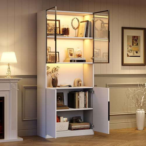 ECLIVON Vitrina de Cristal Armario de Vitrina con Iluminación LED 200 cm | Para Salon Comedor Dormitorio, Estantería Aparador con Puertas y Estantes Ajustables, Mueble Auxiliar Expositora, Blanco