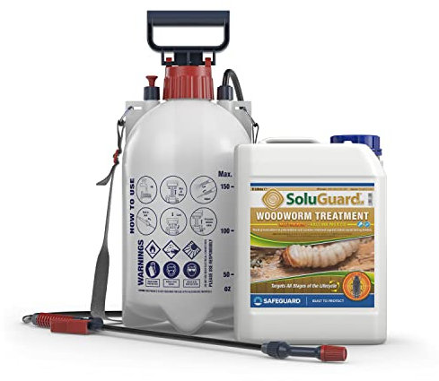 Soluguard Woodworm Treatment (1x5L Clear & Sprayer) Ready for Use & Pump Action Pressure Sprayer. Solvent-Free Woodworm Killer. HSE approved