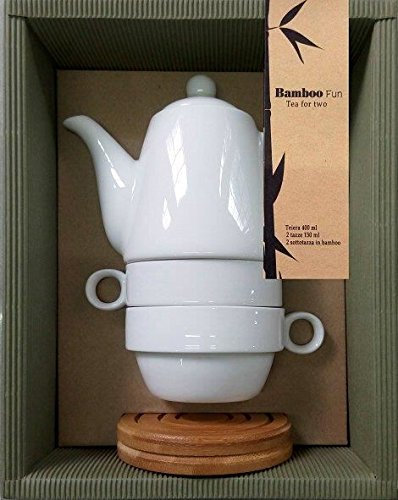 MASTER CASA Set 2 Tazze Teiera caffettiera a servire in porcellana e Bamboo Bianca