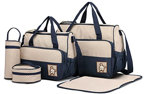 Miss Lulu 5er-Set Baby Wickeltasche Babytasche Tasche Mutter Windeltasche Handtasche Schultertasche Flaschenhalter mit wickelunterlage (Marine)