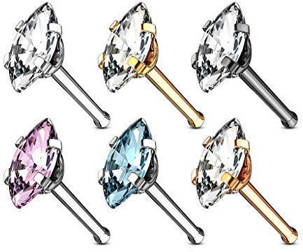 Tapsi´s Coolbodyart® Nasenpiercing Stecker Nose Stud Gerade Chirurgenstahl 316L Silber,Gold,Schwarz,Roségold Großer Zirkonia Klar,Pink,Aqua 6er Set