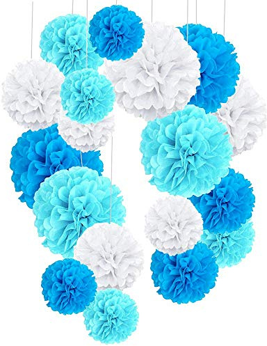 O-Kinee 24er Blau Deko Seidenpapier Pompons für Hochzeit, Taufe Junge, Geburtstag, Party, Baby Shower Baby-Duschen Graduierung Konfirmation Junge weiß blau