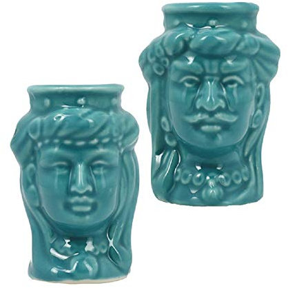 ILAB Coppia Teste di Moro vasetto Vari Colori in Porcellana Lucida Decorata a Mano Art 833 (Acqua Marina)